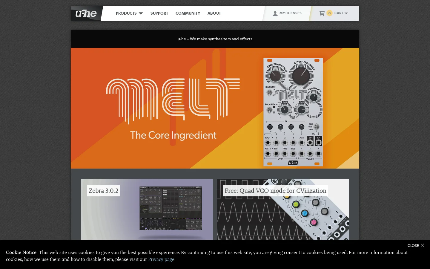 u-he Software Synthesizers and Effects Homepage screenshot