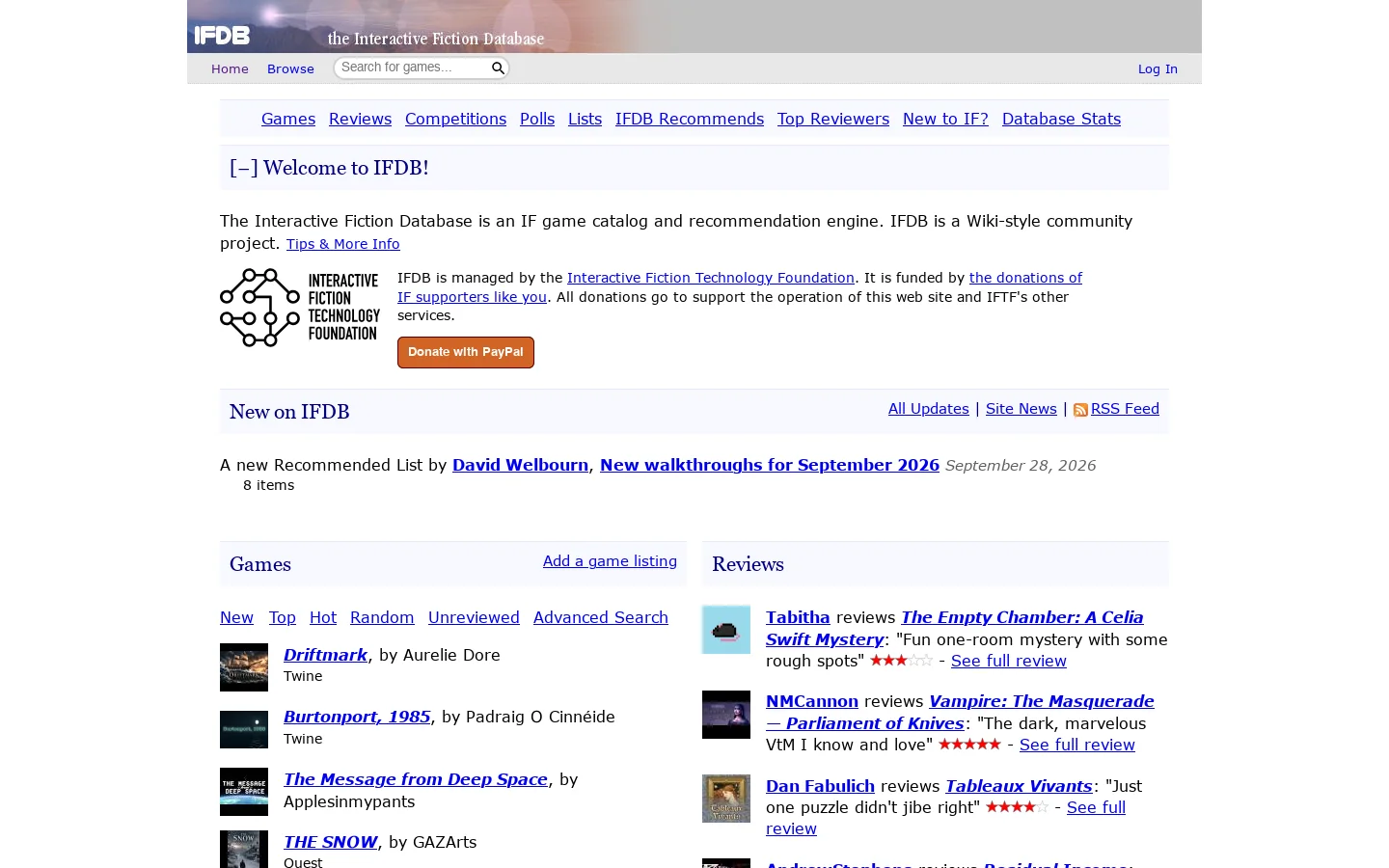 The Interactive Fiction Database - IF and Text Adventures Homepage screenshot
