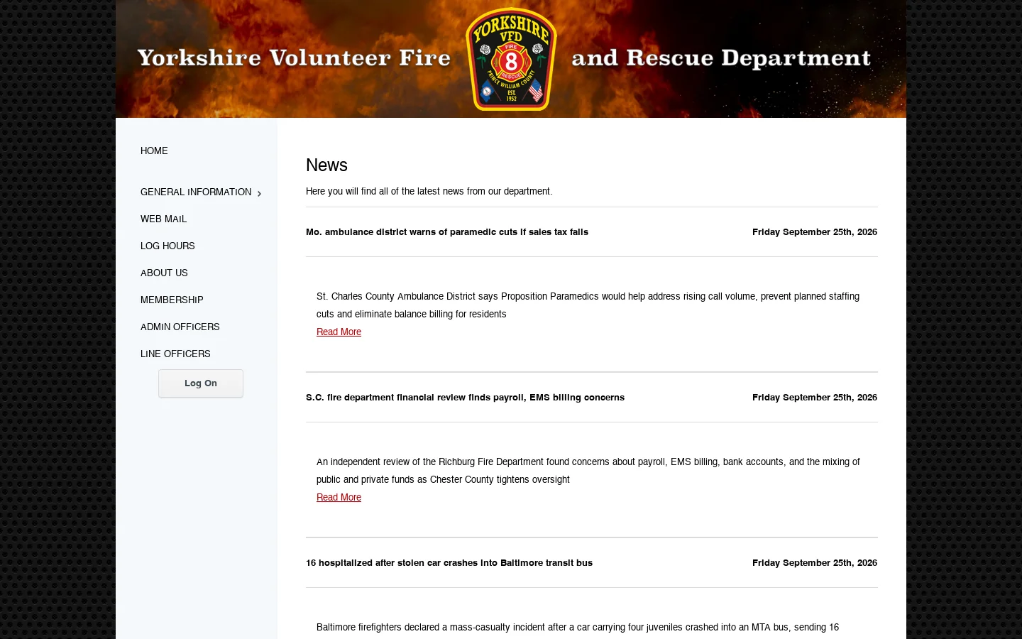 Yorkshire Volunteer Fire & Rescue Department Homepage screenshot