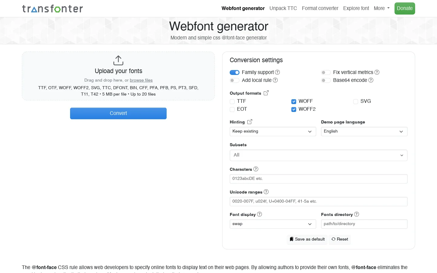 Transfonter Homepage screenshot