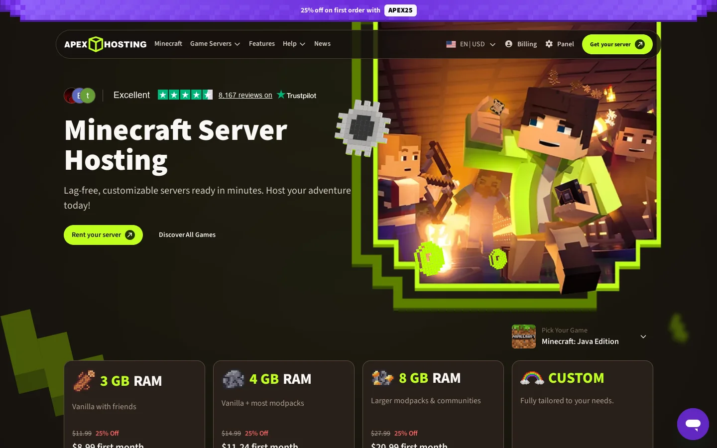 Minecraft Server Hosting - Apex Hosting Homepage screenshot