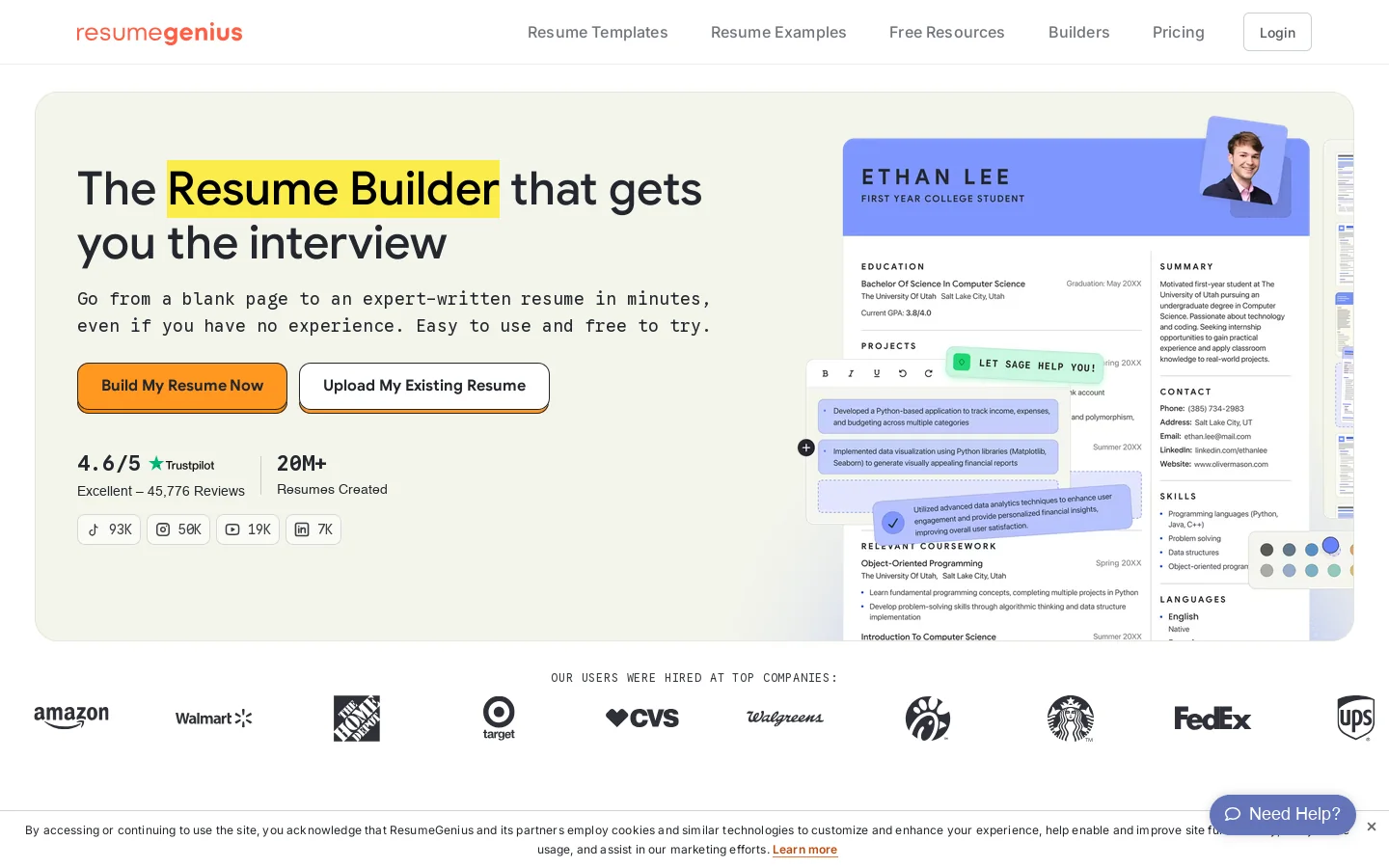 Free AI Resume Builder: Powered by Resume Genius Homepage screenshot