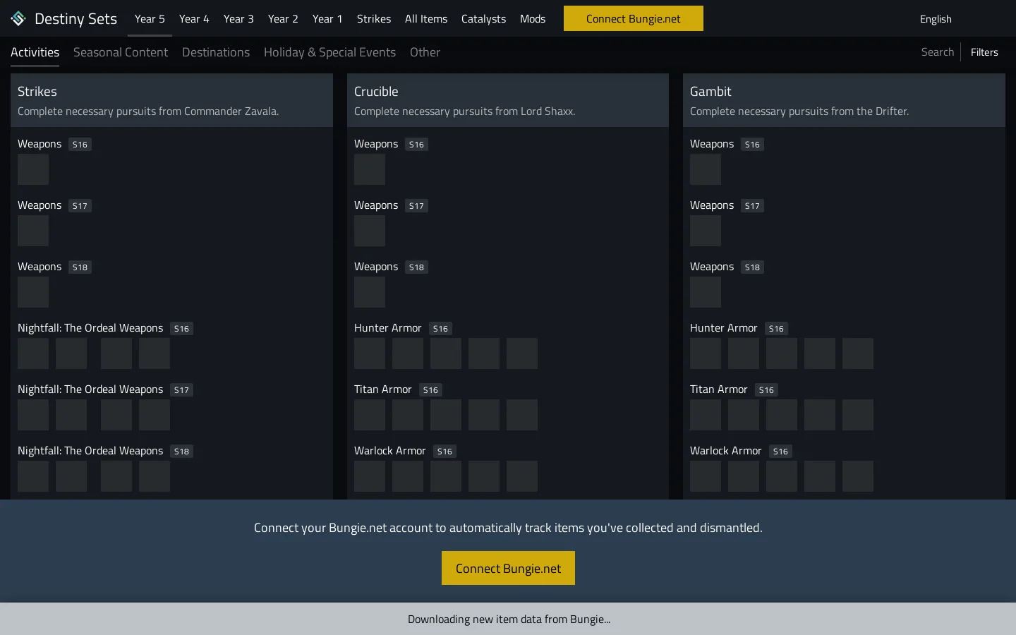 Destiny Sets Homepage screenshot