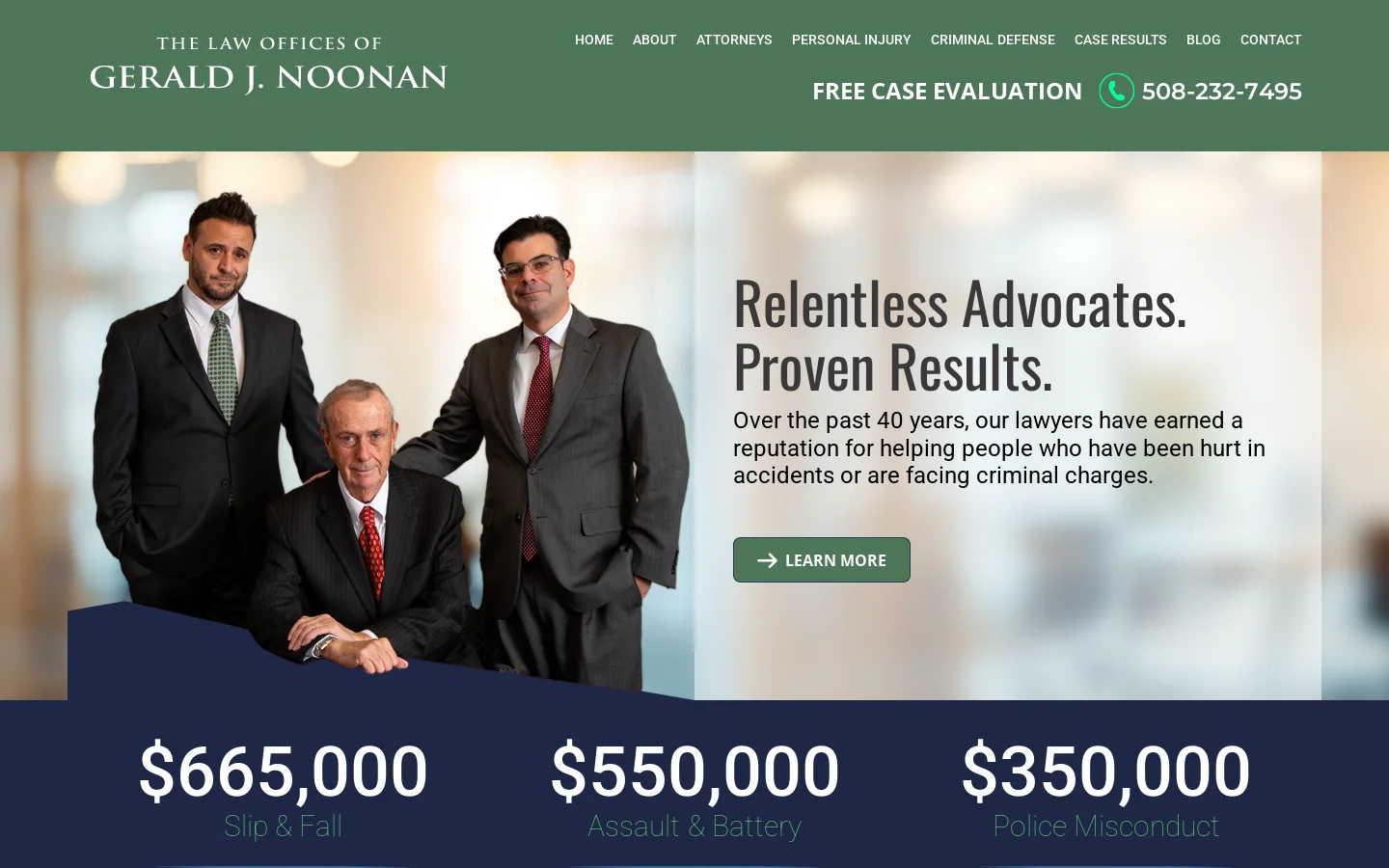 Brockton Injury & Criminal Defense Lawyers - The Law Offices of Gerald J. Noonan Homepage screenshot