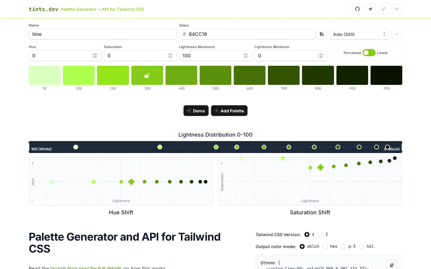 Tailwind CSS 11-color Palette Generator and API Homepage screenshot