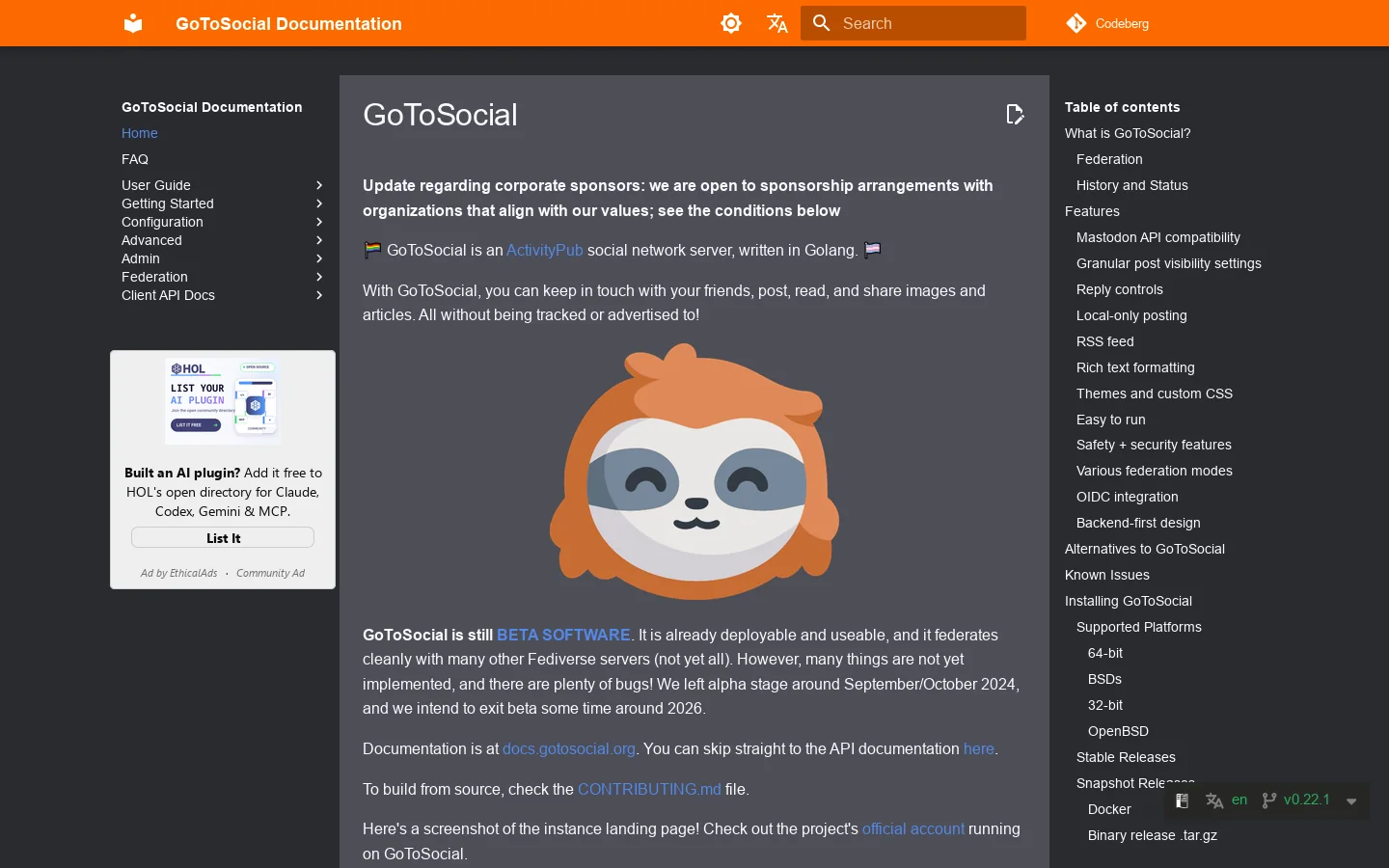 GoToSocial Documentation Homepage screenshot