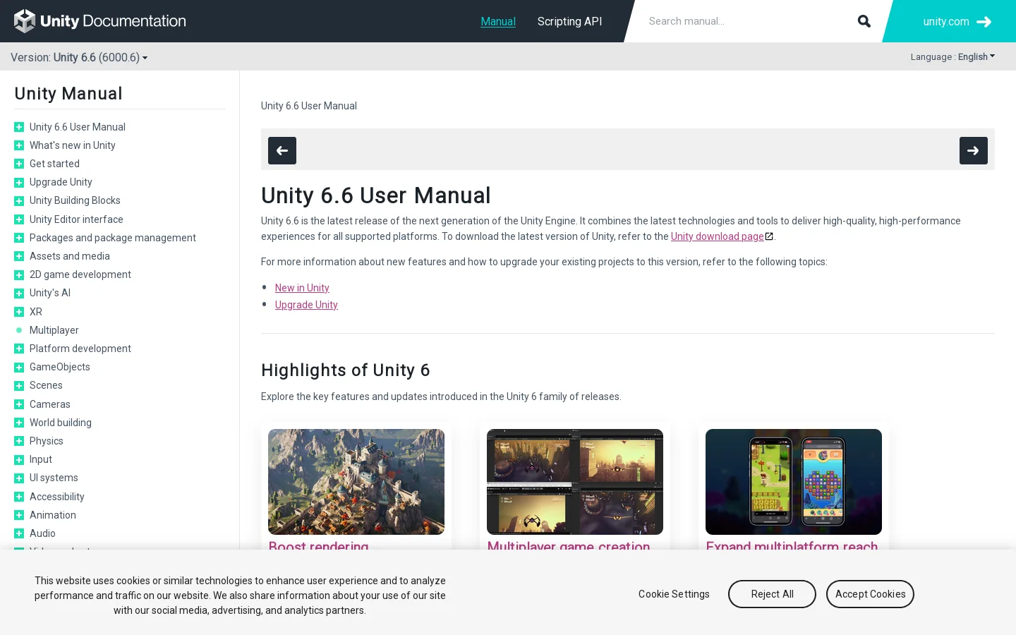 Unity - Manual: Unity 6.6 User Manual Homepage screenshot