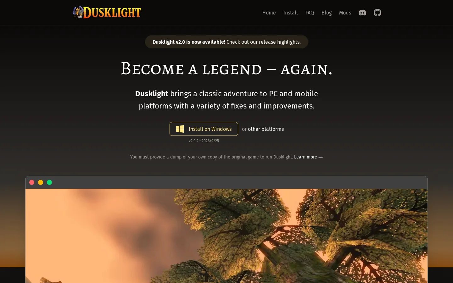 Dusklight • Restoring light to a classic adventure Homepage screenshot