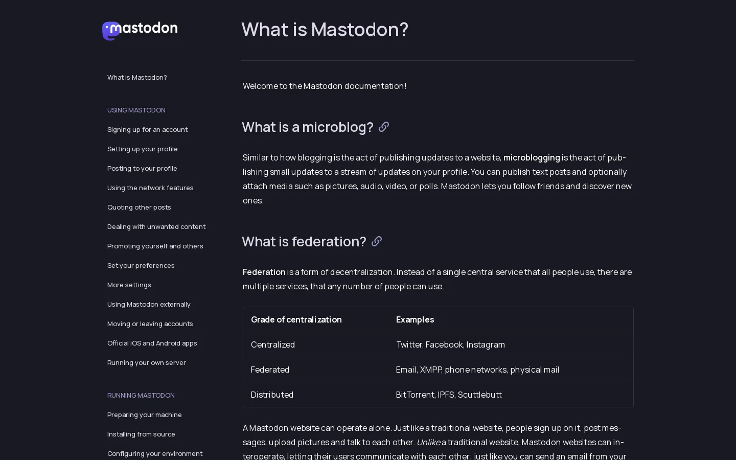 Mastodon documentation Homepage screenshot