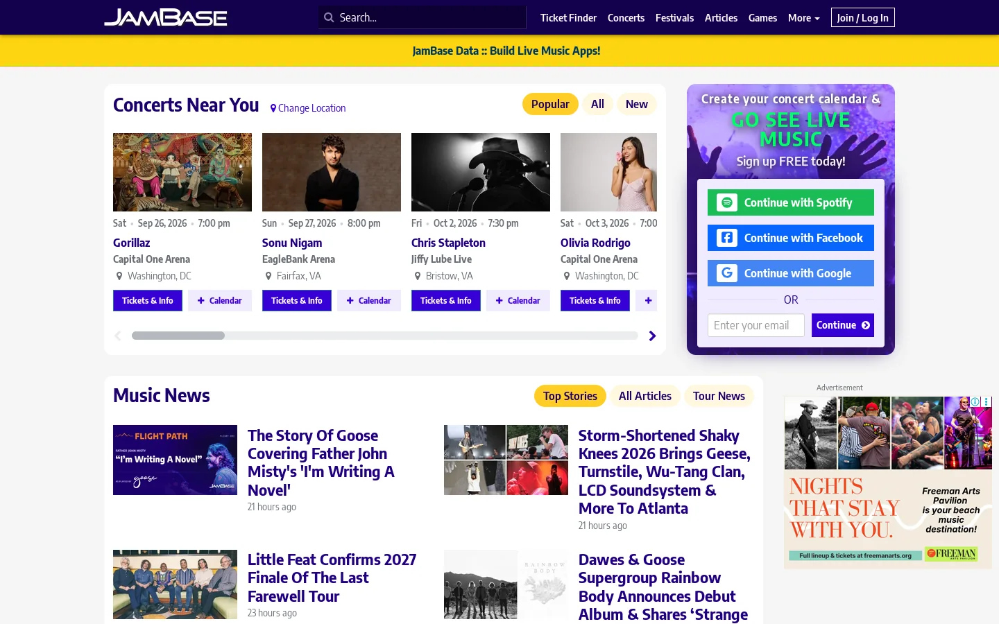 JamBase Homepage screenshot