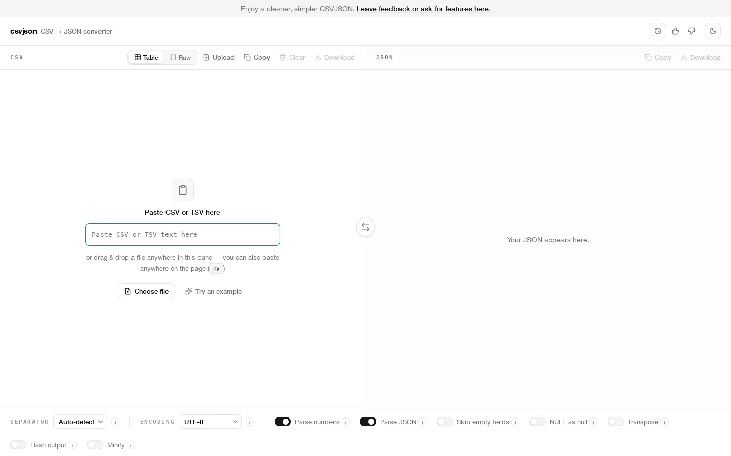 CSVJSON Homepage screenshot