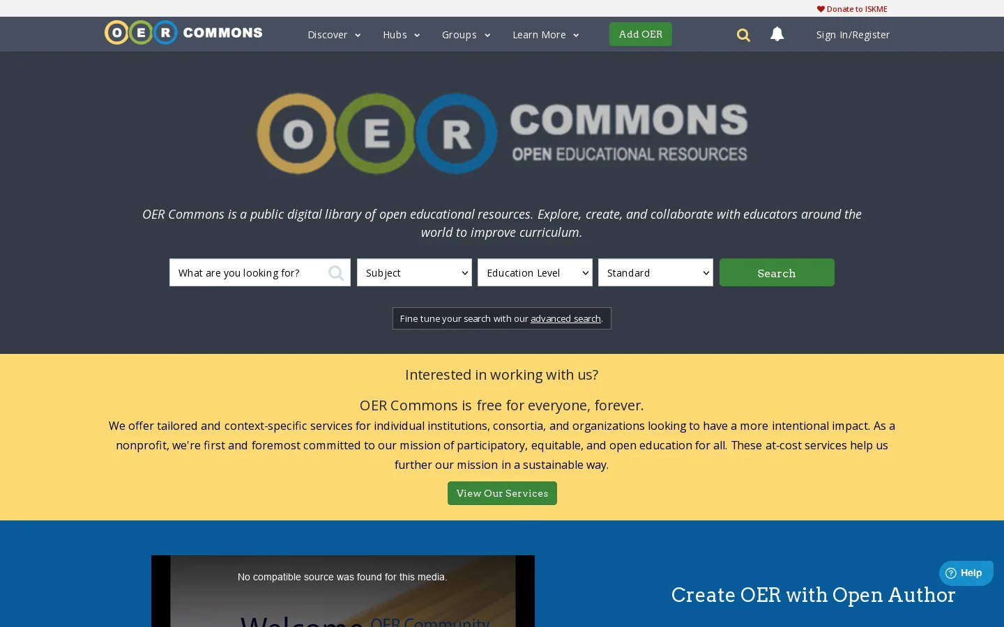 OER Commons Homepage screenshot