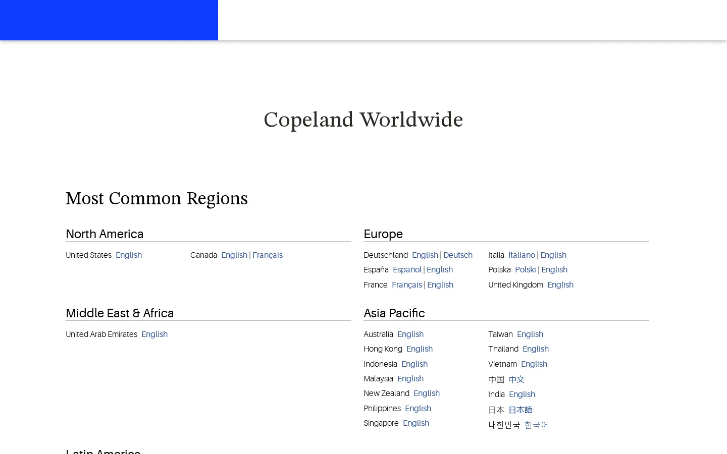Copeland US Homepage screenshot
