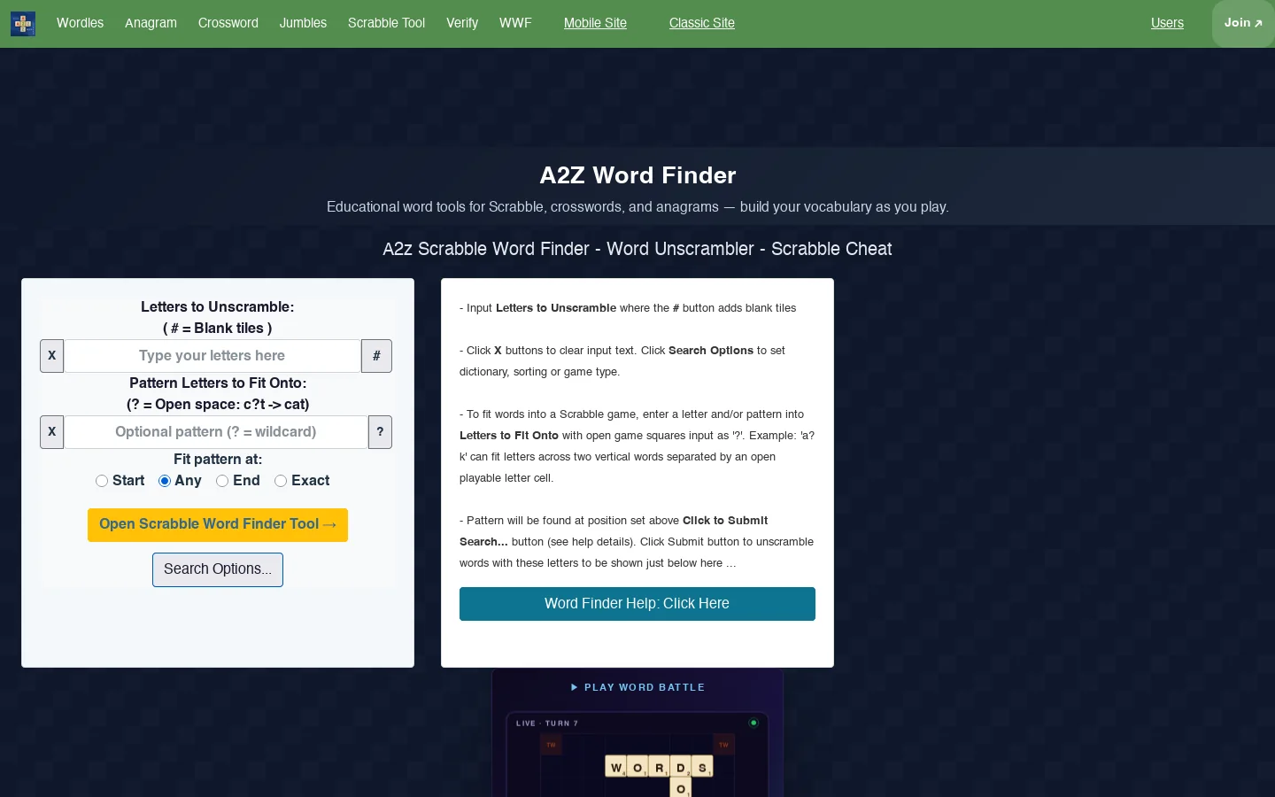 A2Z Word Finder Homepage screenshot