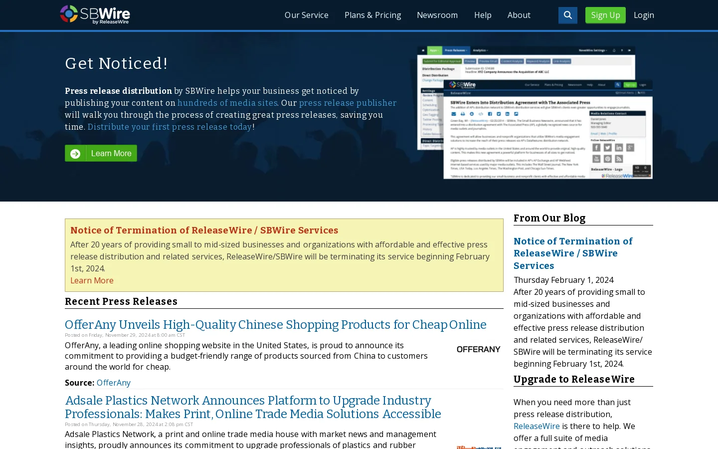 SBWire Homepage screenshot