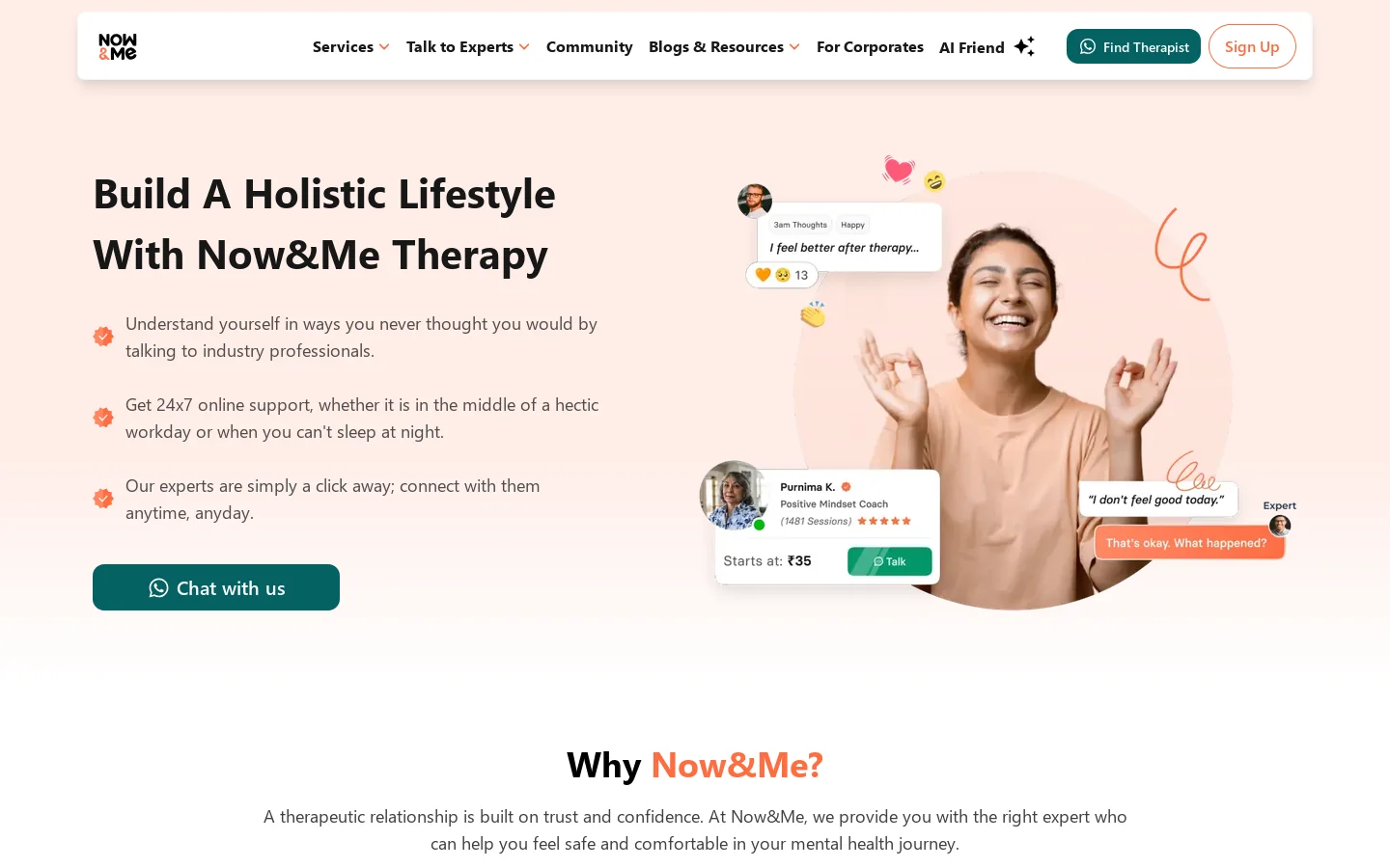 Express Your Feeling | Talk To a Therapist Online and Find Comfort in Sharing with Now&Me Homepage screenshot