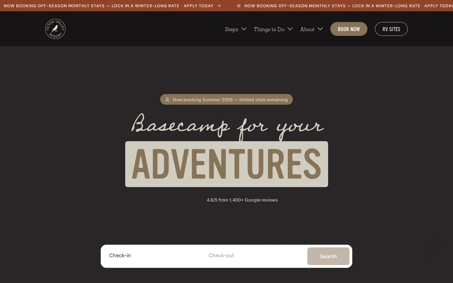Teton Valley Resort Homepage screenshot