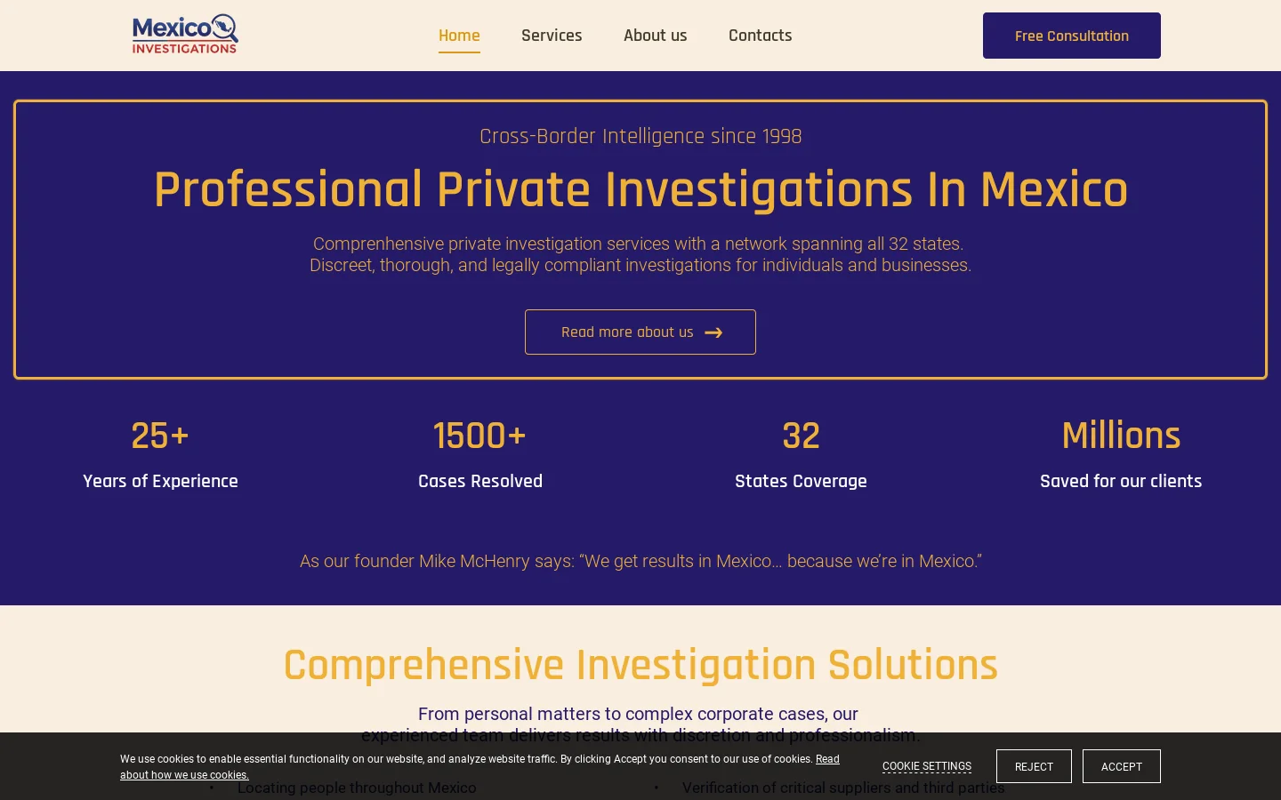 Mexico Investigations, Mexico Private Investigations Homepage screenshot
