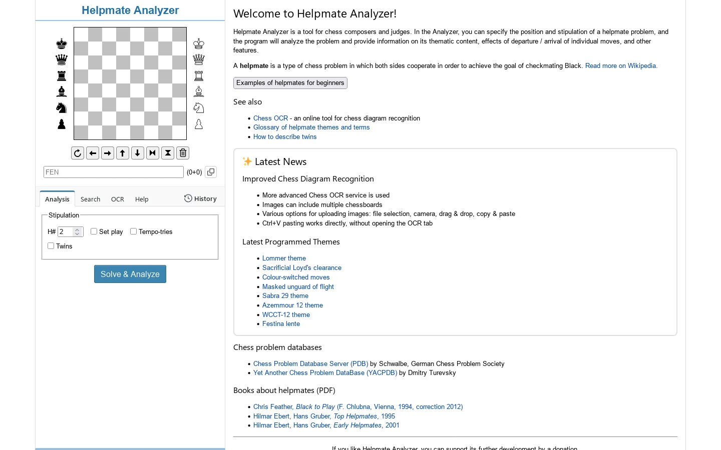Helpmate Analyzer - tool for helpmate chess problem analysis Homepage screenshot