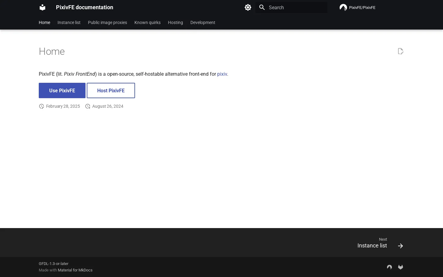 PixivFE documentation Homepage screenshot