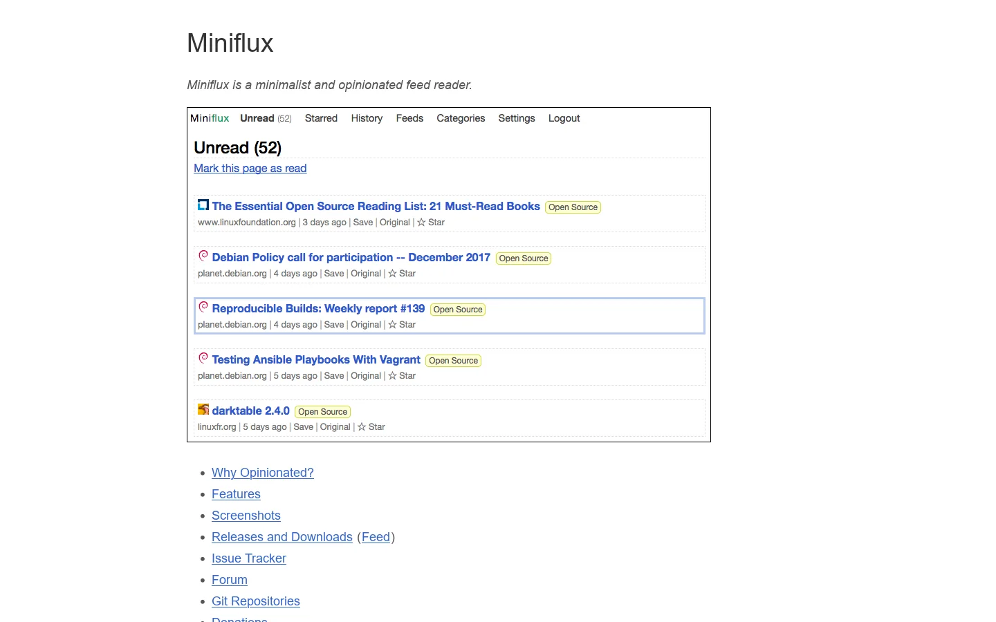 Miniflux Homepage screenshot