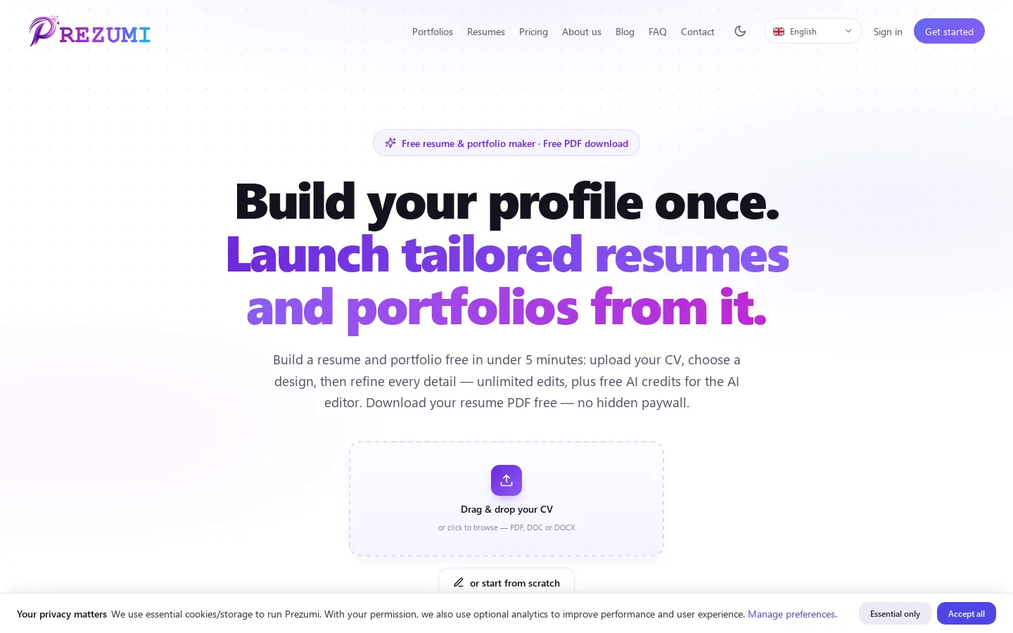Prezumi Homepage screenshot