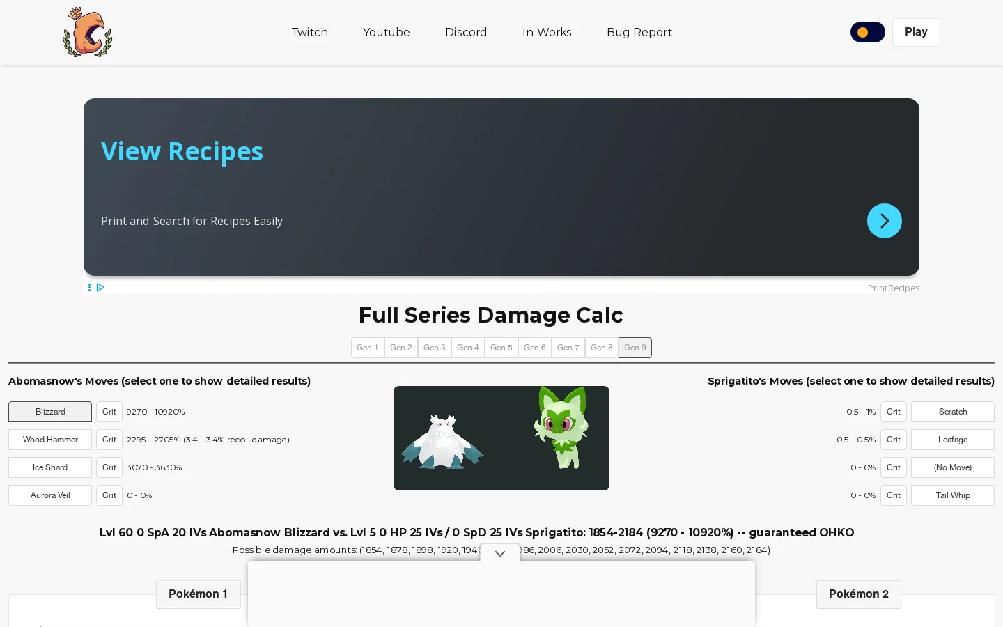 Pokémon Damage Calculator Homepage screenshot