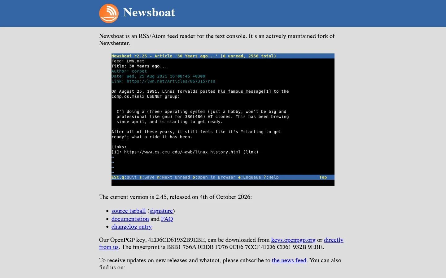 Newsboat, an RSS reader Homepage screenshot