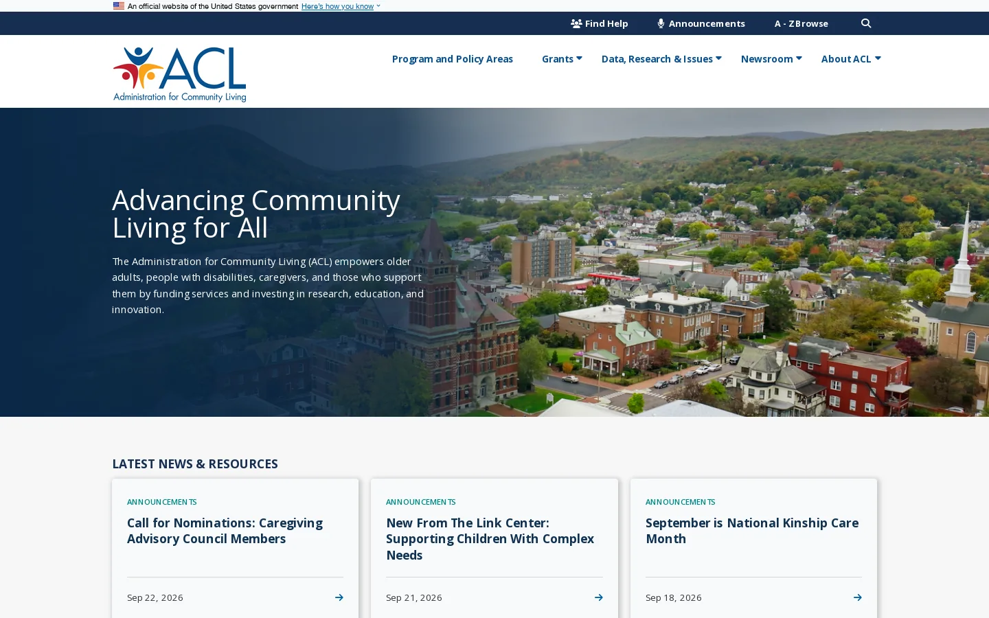 ACL Administration for Community Living Homepage screenshot