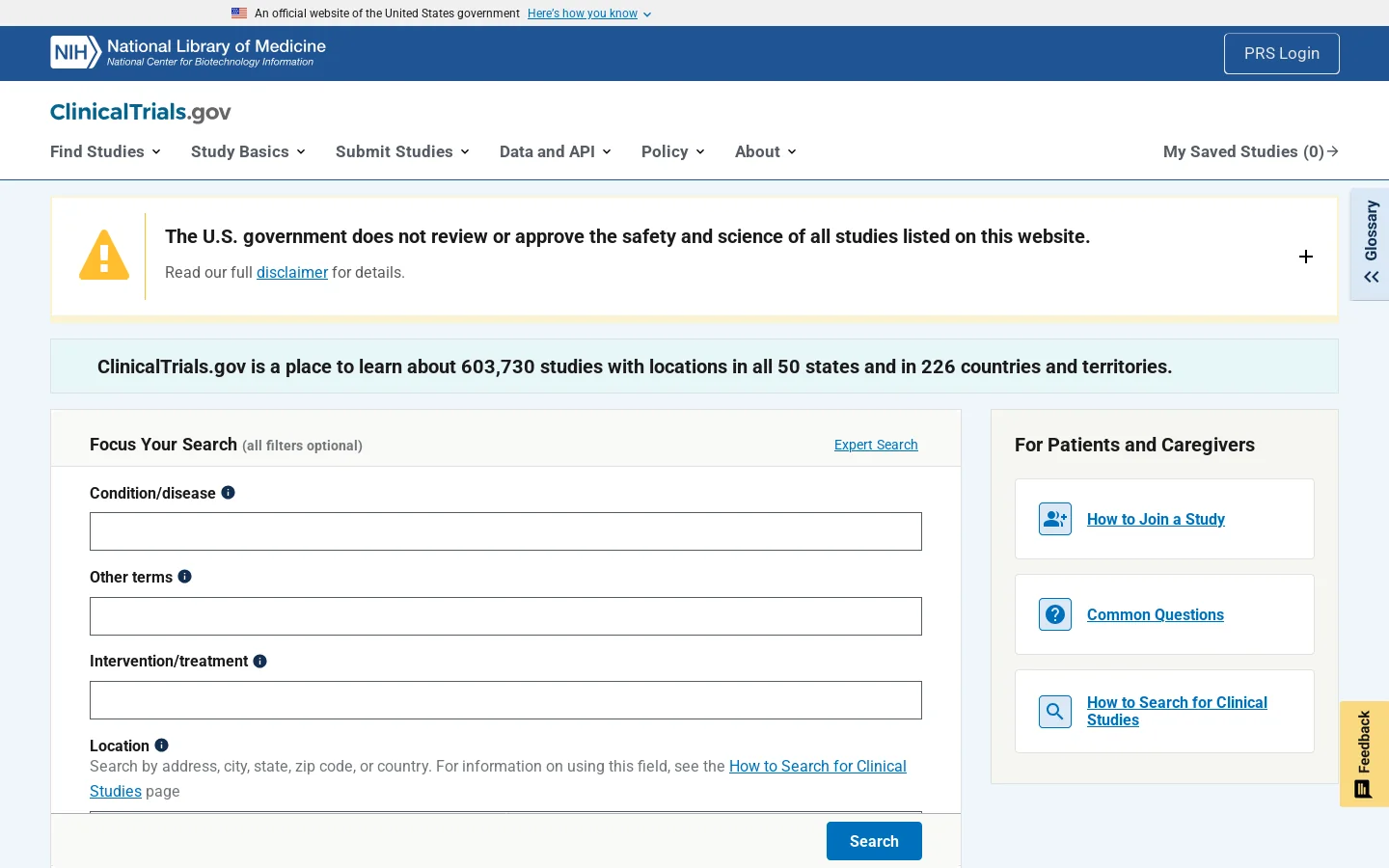 ClinicalTrials.gov Homepage screenshot