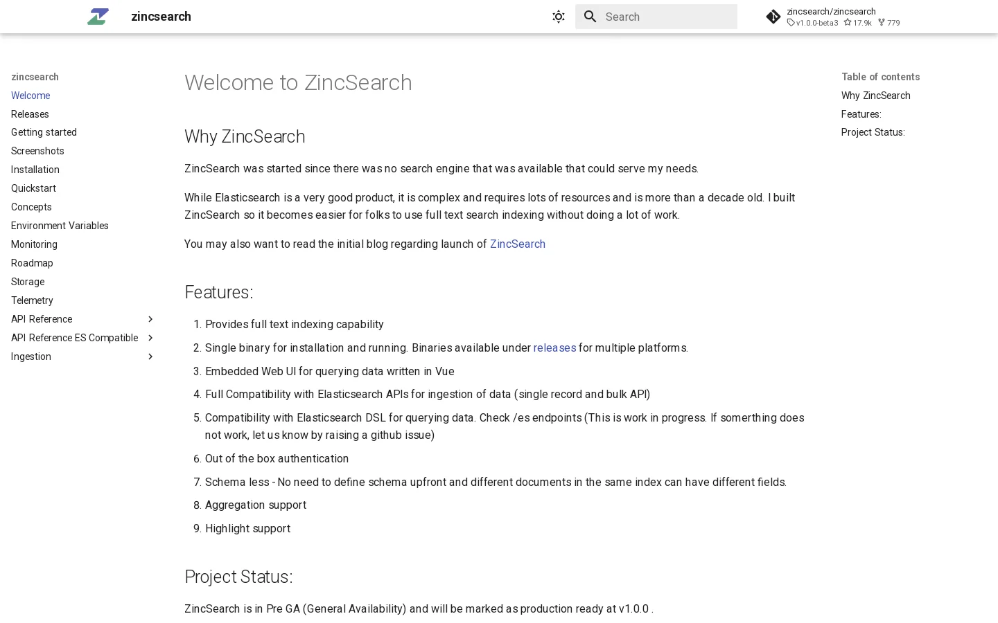 zincsearch Homepage screenshot