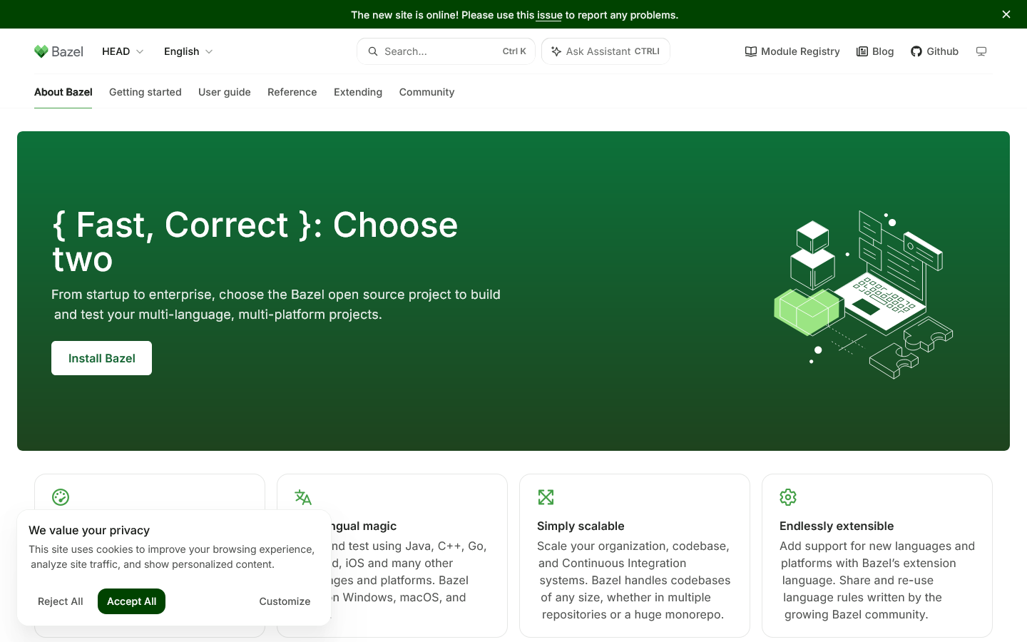 Bazel Documentation Homepage screenshot
