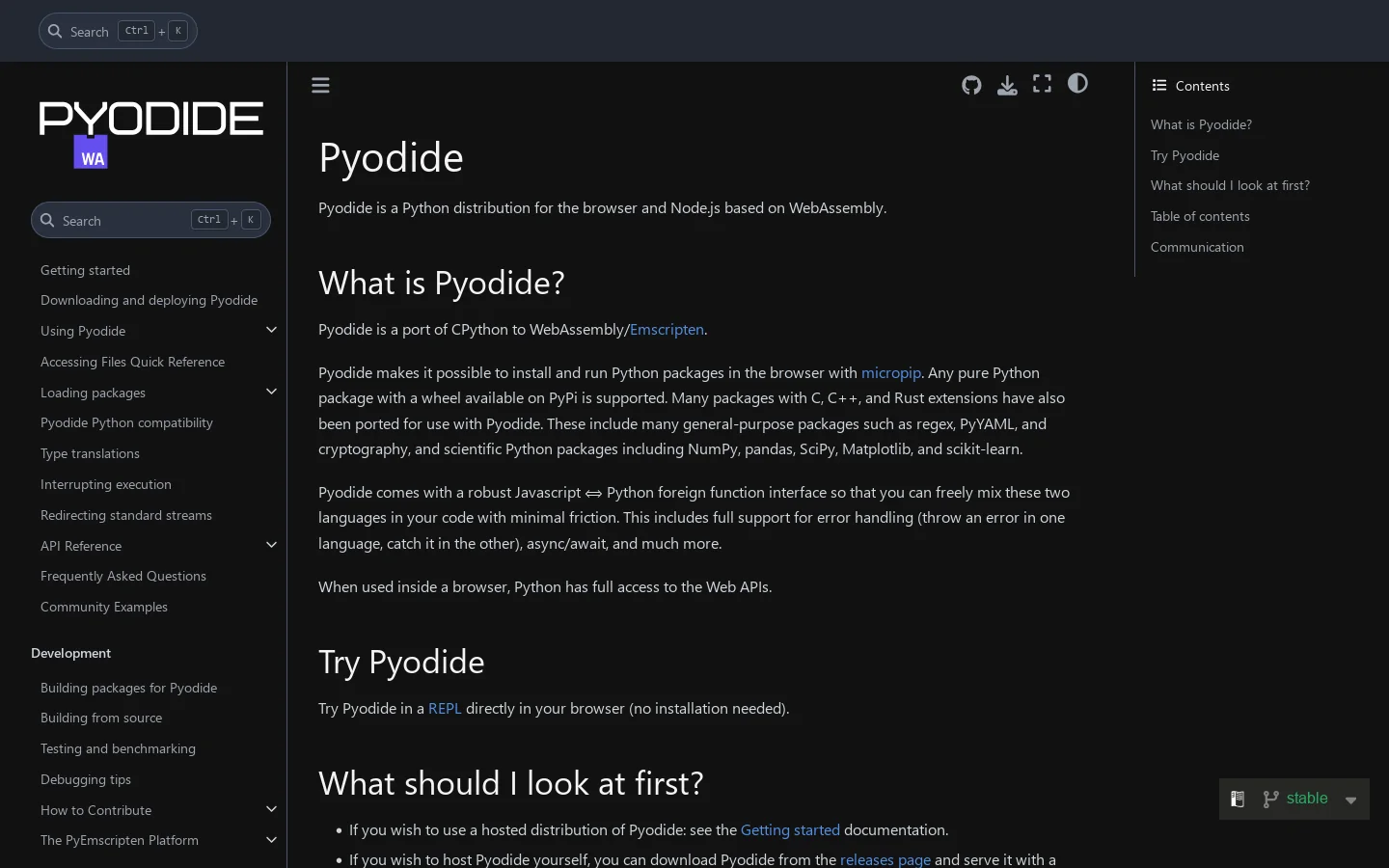 Pyodide Homepage screenshot