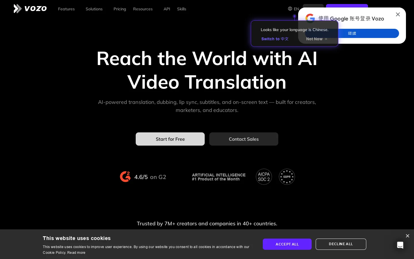 Vozo AI Video Translator, Dubbing & Lip Sync FREE Homepage screenshot
