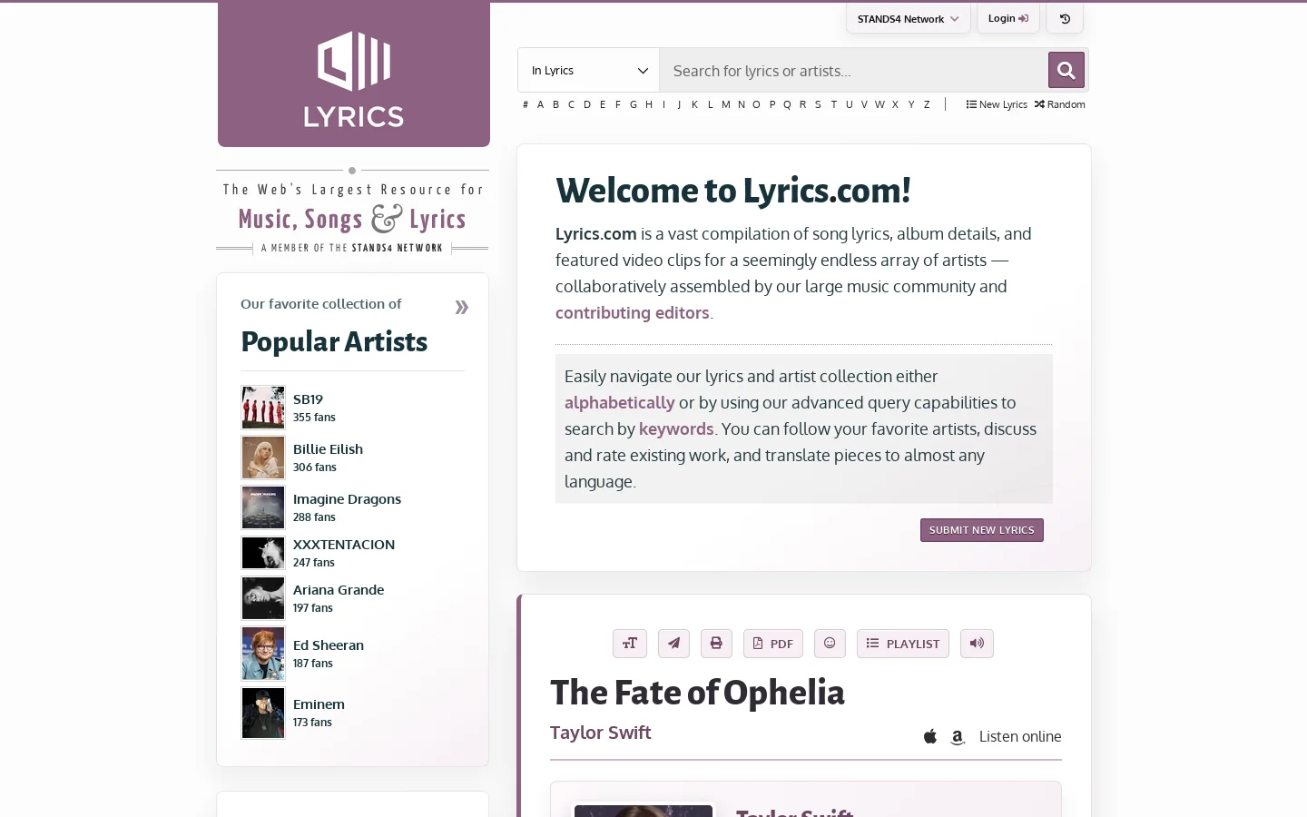 Lyrics.com Homepage screenshot