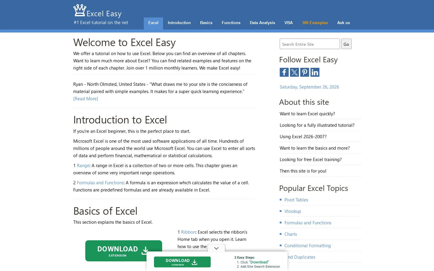 Excel Easy Homepage screenshot