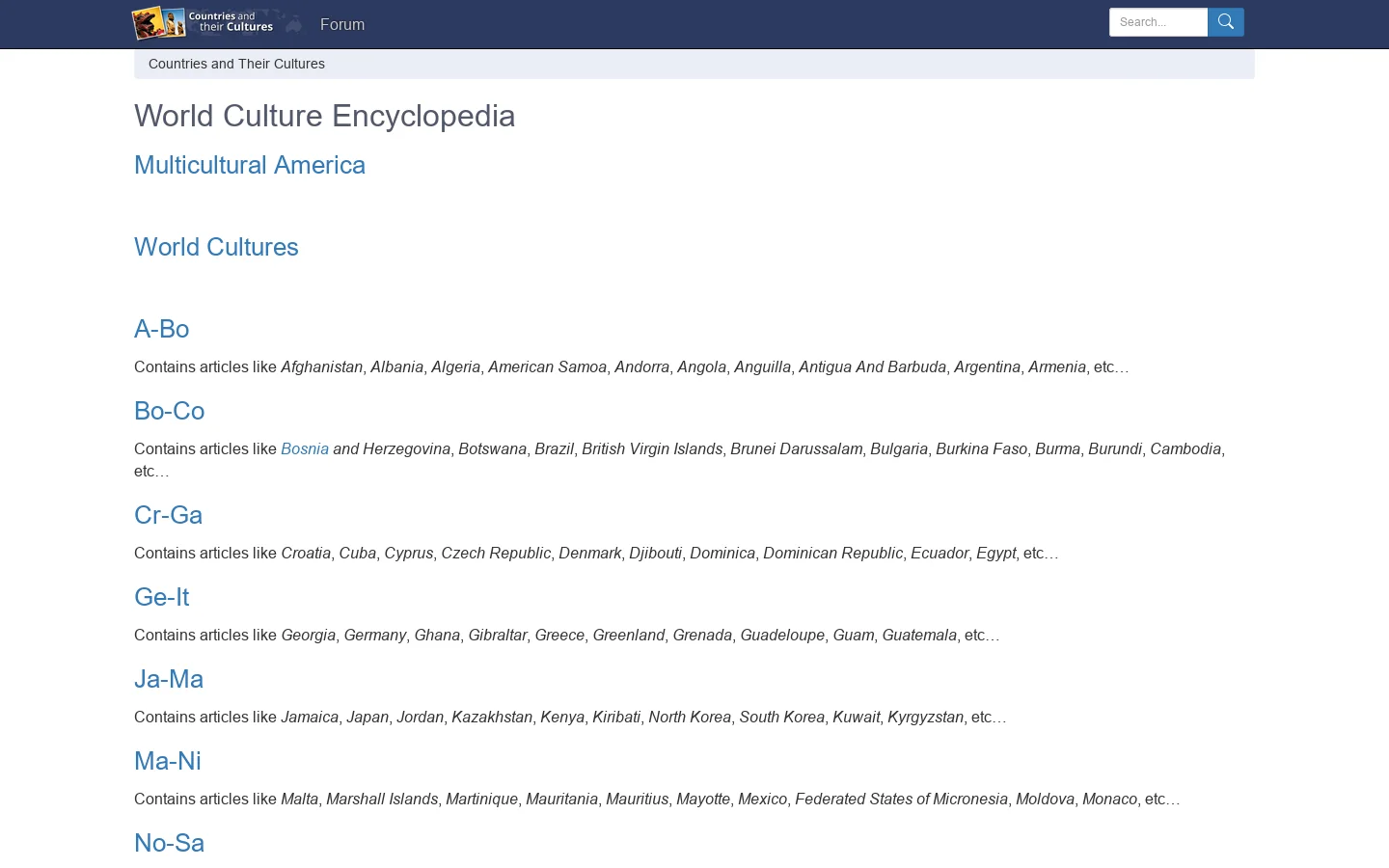 World Culture Encyclopedia Homepage screenshot