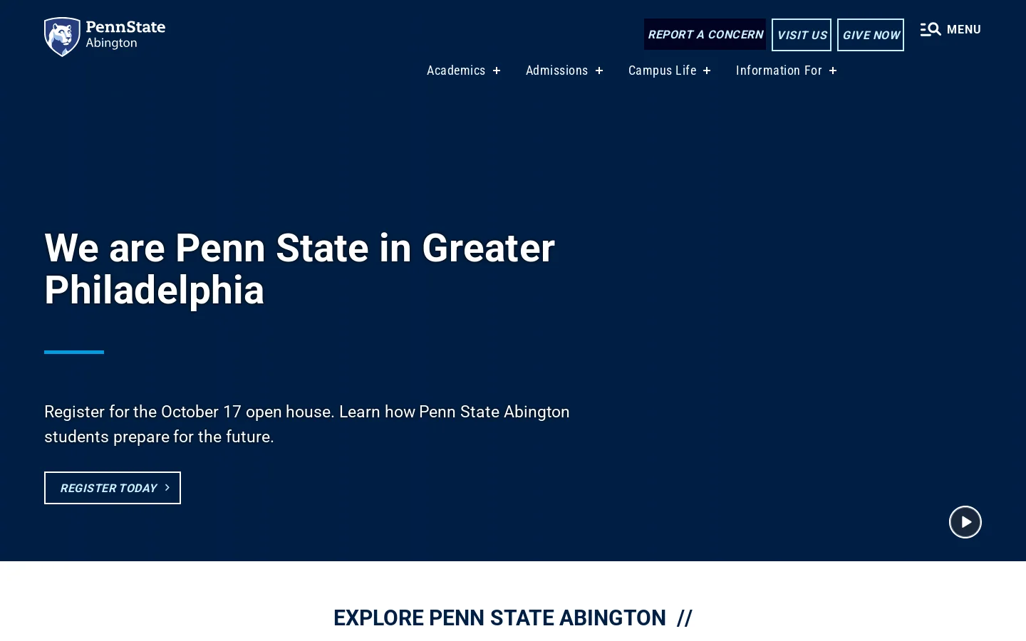 Penn State Abington Homepage screenshot
