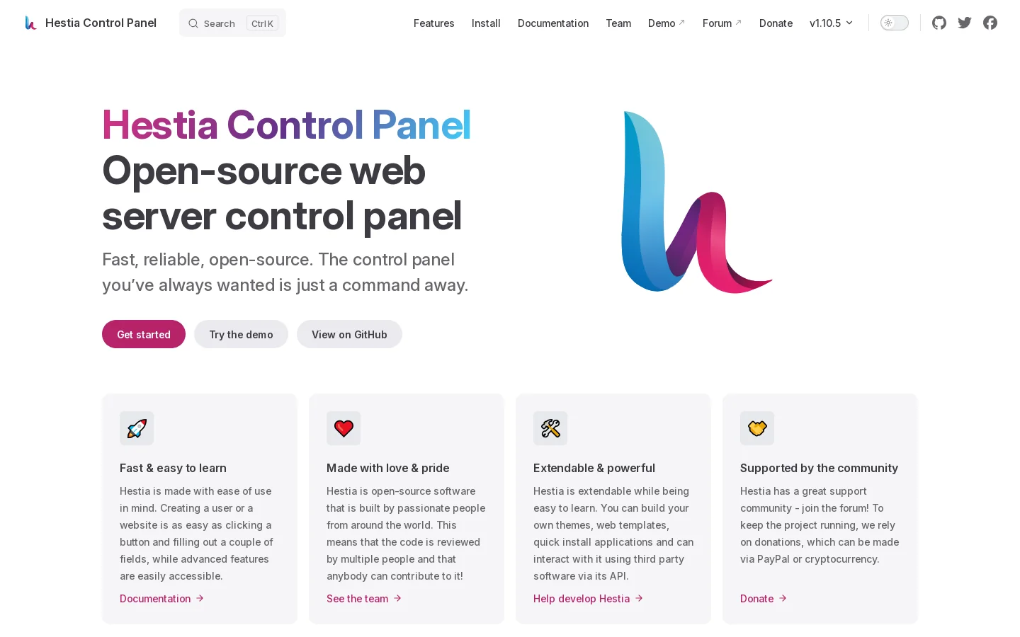 Hestia Control Panel | Open-source web server control panel. Homepage screenshot