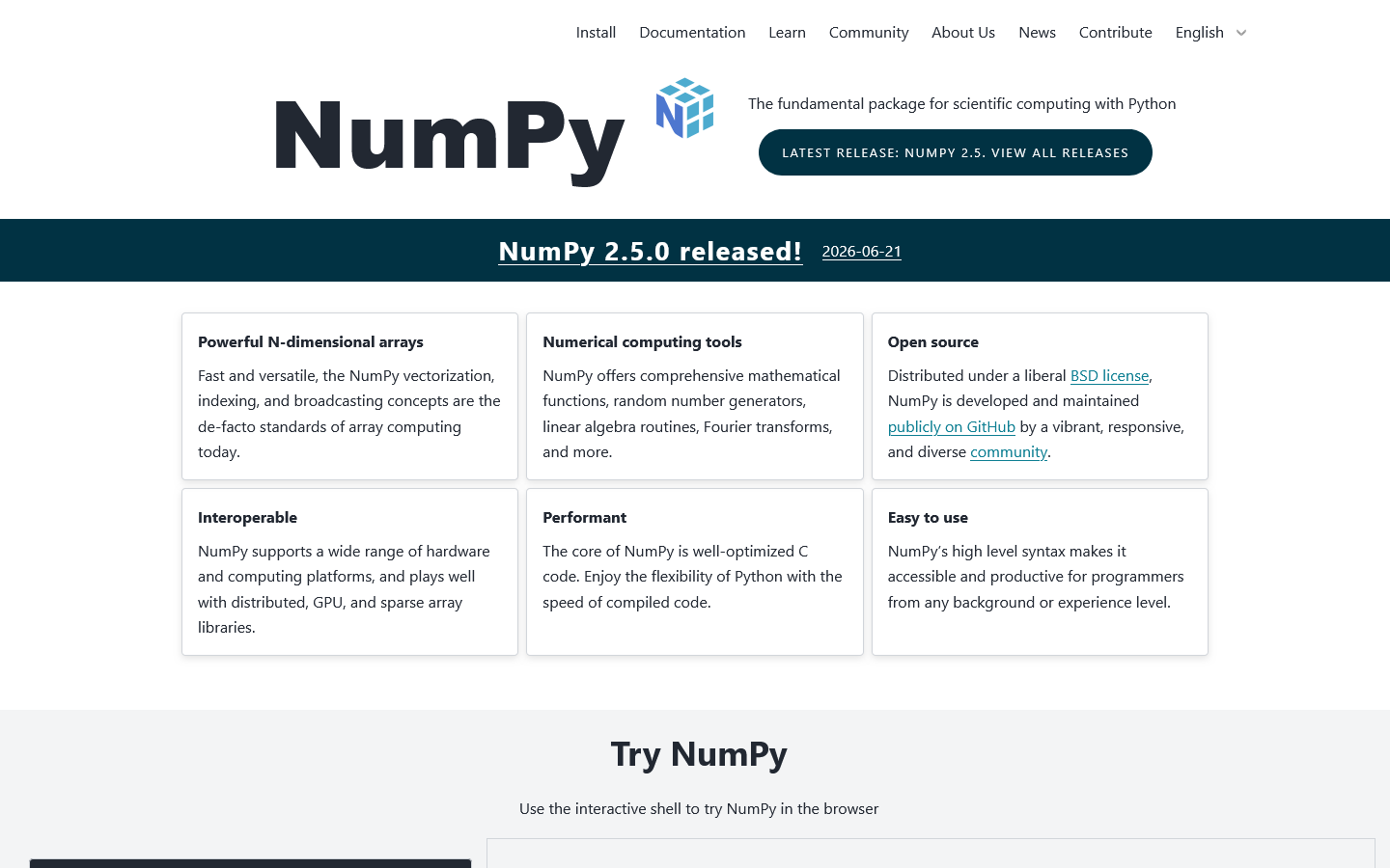 NumPy Homepage screenshot