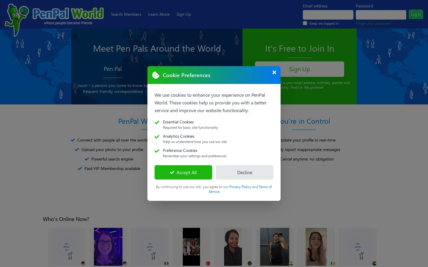 PenPal World Homepage screenshot