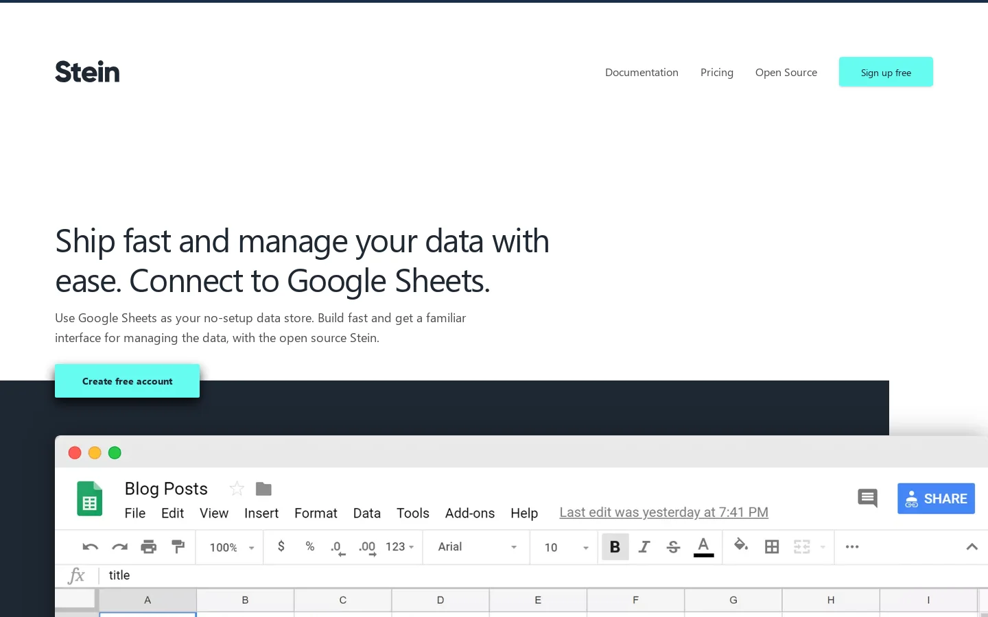 Turn Google Sheets into a database API. Ship fast and manage your data with ease - Stein Homepage screenshot