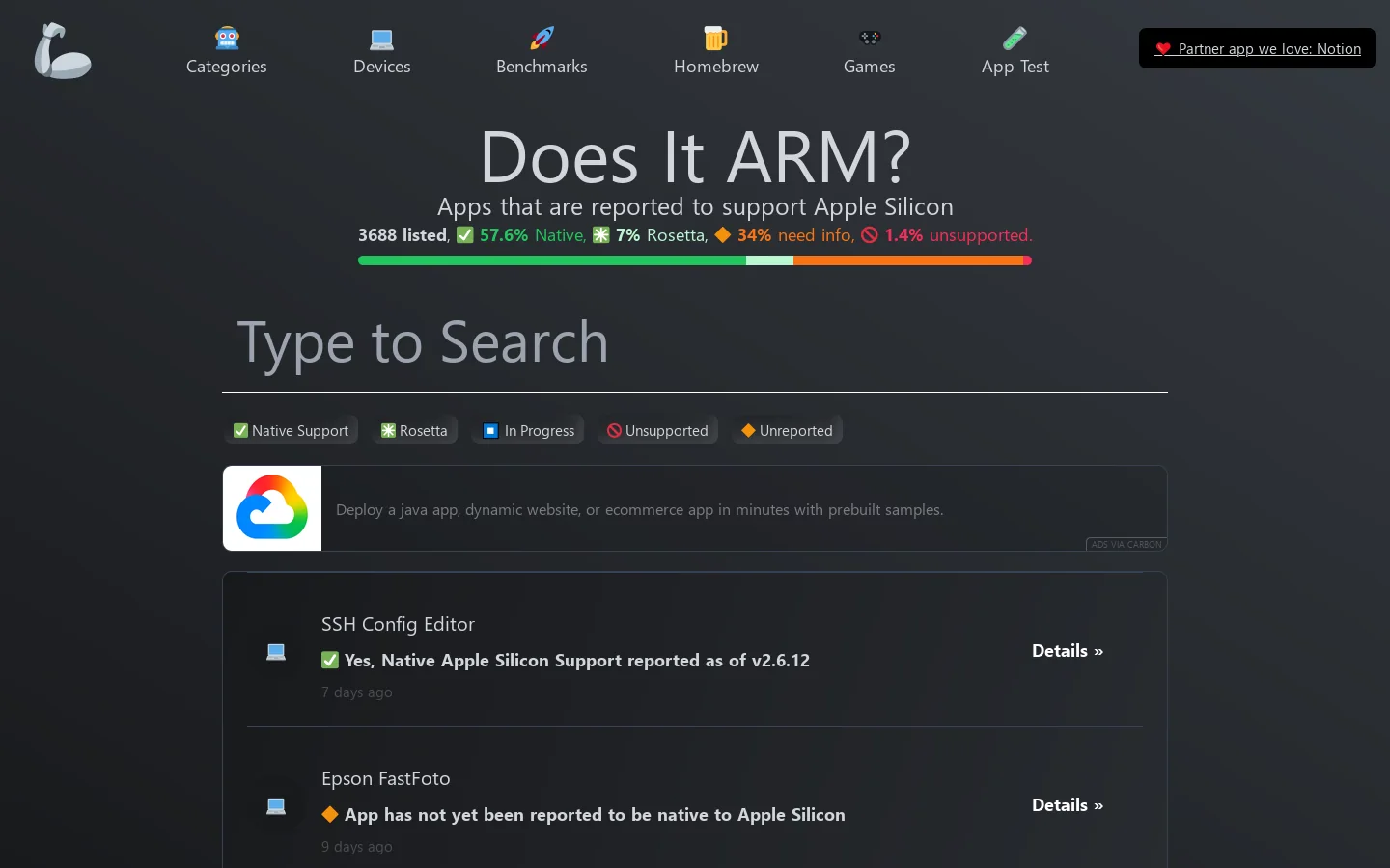 Apple Silicon and Apple M5 Max and M5 Pro app and game compatibility list Homepage screenshot