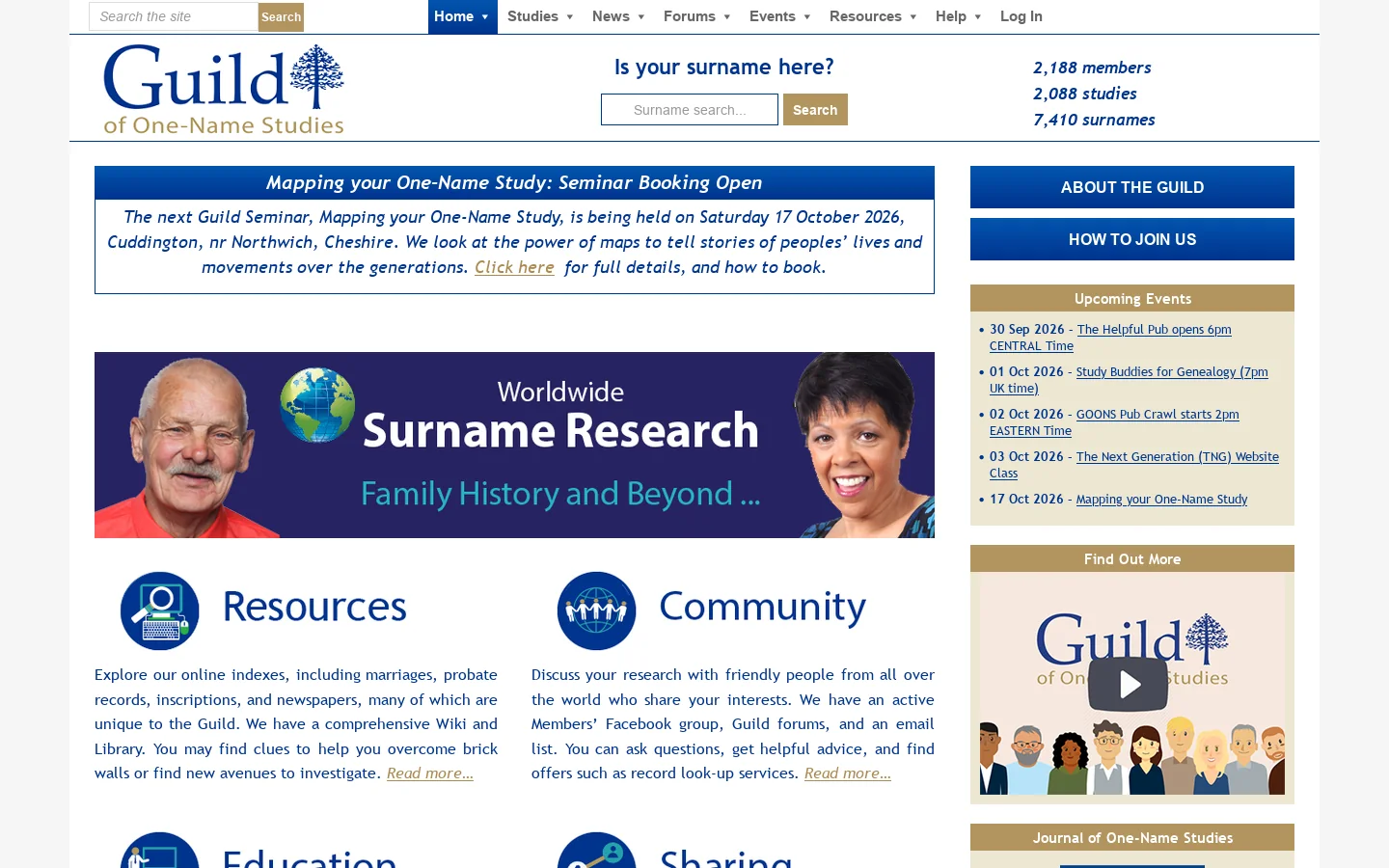 One-name studies, Genealogy Homepage screenshot