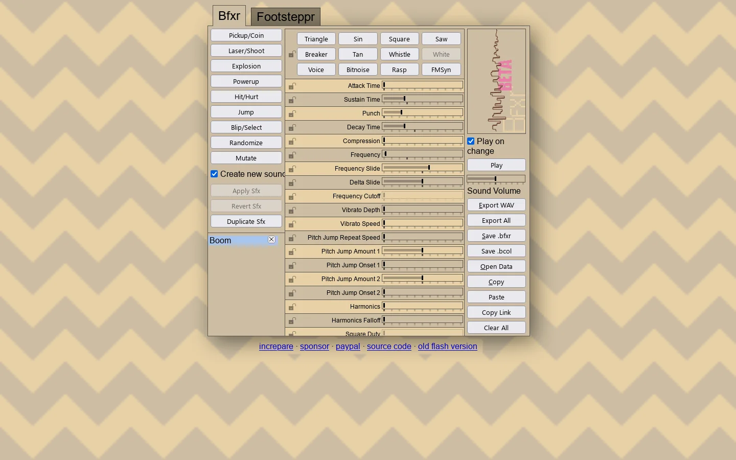 Bfxr. Make sound effects for your games Homepage screenshot
