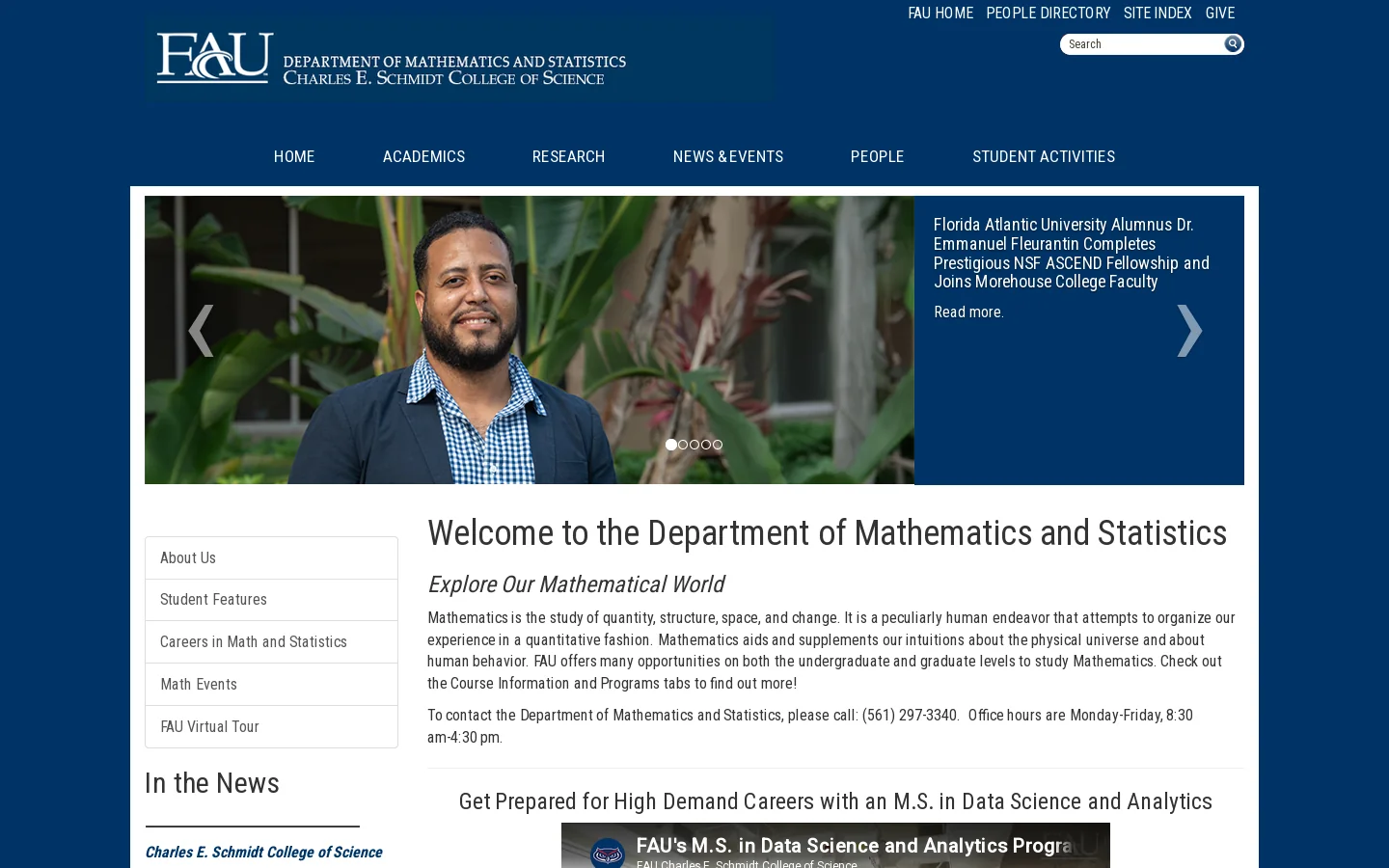 Department of Mathematics and Statistics Homepage : Florida Atlantic University - Charles E. Schmidt College of Science Homepage screenshot