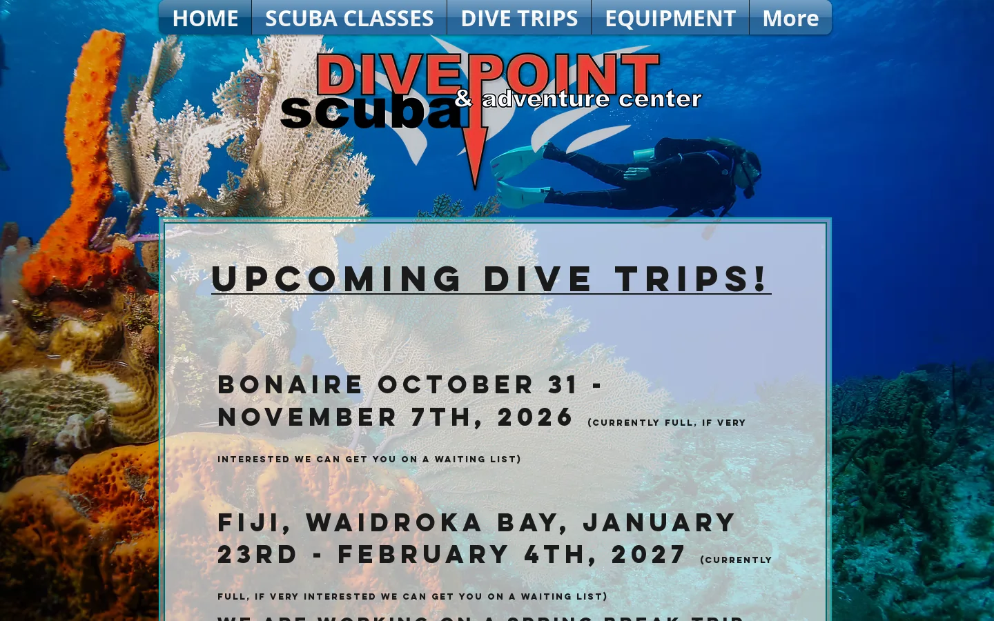 Divepoint Scuba & Adventure Center Homepage screenshot