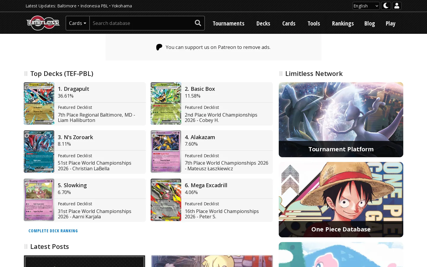 Pokémon TCG tournament results, decklists, articles and more – Limitless Homepage screenshot