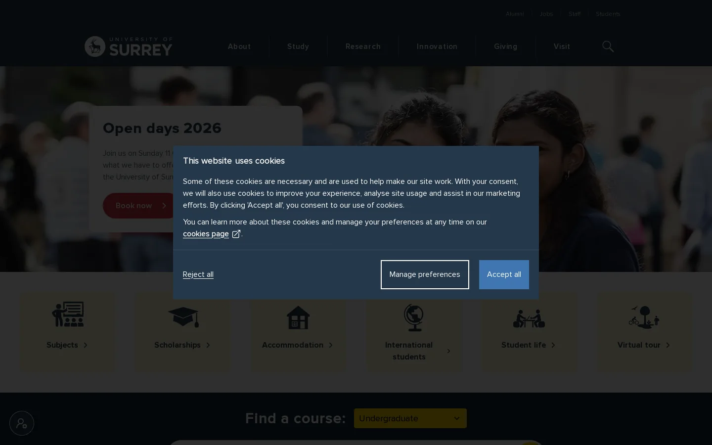 University of Surrey Homepage screenshot