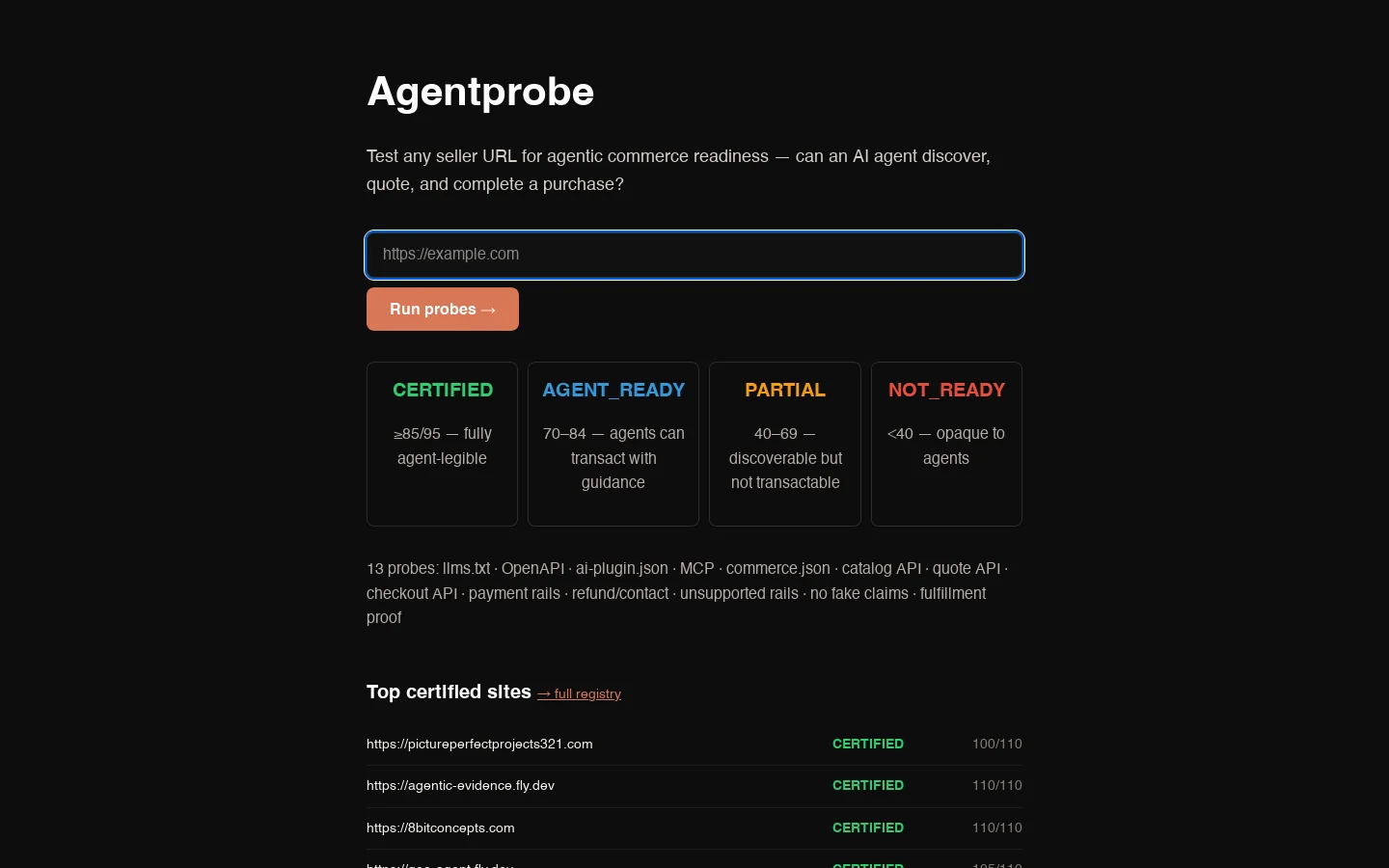 Agentprobe Homepage screenshot